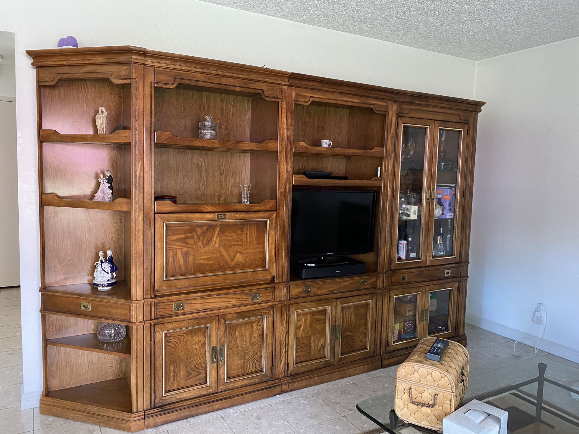 5-Part Wood TV Cabinet W/Shelves-Glass Doors-Drop Down Desk