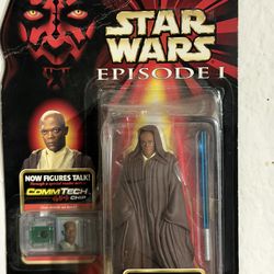 Hasbro Star Wars Mace Windu CommTech Chip Figure Jedi Cloak Episode I 1999