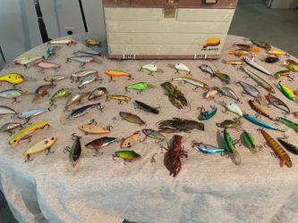 LET’S GO FISHING!! Tackle Box, Tackle, Over 75 Lures, Many are Vintage. All for $175.