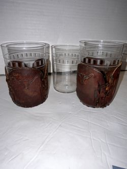 Vintage Libbey Bamco Western Longhorn Hand-Tooled Leather Glass Holders Set Of 2 With Three Glasses