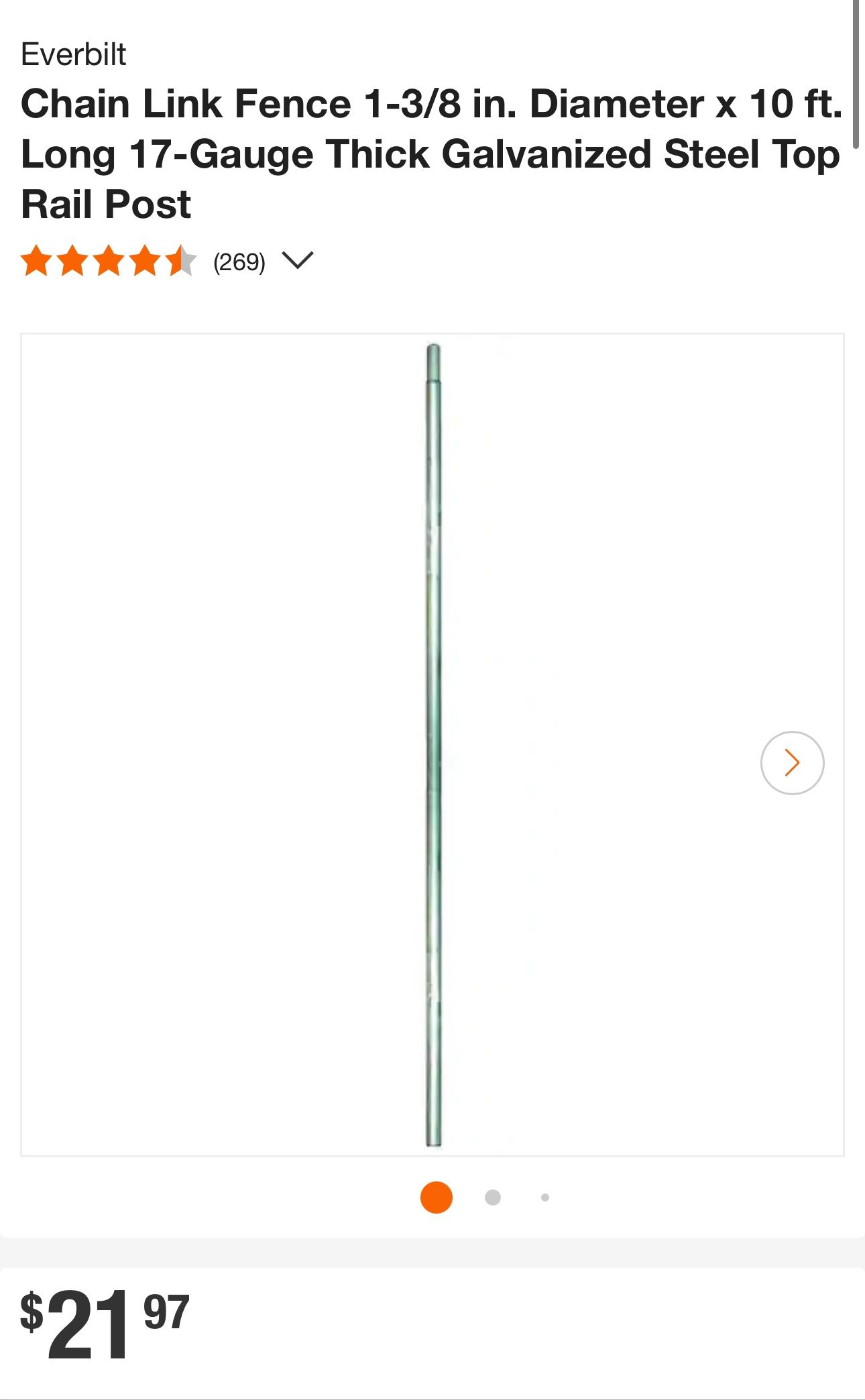 Everbilt Chain Link Fence 1-3/8 in. Diameter x 10 ft. Long 17-Gauge Thick Galvanized Steel Top Rail Post
