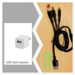 2 pack- usb wall /Black  cable 3 in 1 Universal feat iphone,samsung,Android (3feet)