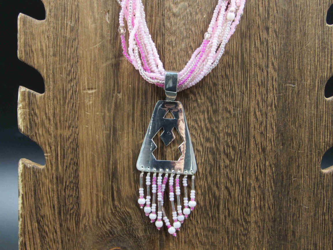 24 Inch Sterling Silver Long Pink Beaded Unique Design Pendant Necklace