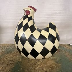 Rare Folk Art Ceramic Chicken Black  Checkered Design 11x11’’