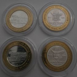 Lot of 4 Sam’s Town Las Vegas $10 Gaming Tokens .999 Silver Centers Vintage