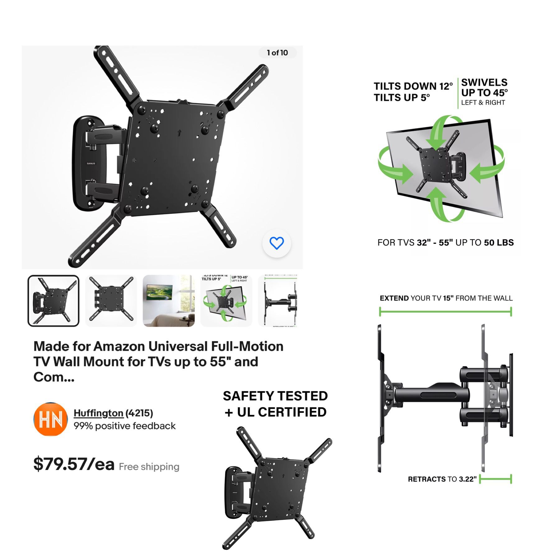 Made For Amazon Universal Full-Motion TV Wall Mount For TVs Up To 55" And Compatible With Amazon Fire TVs