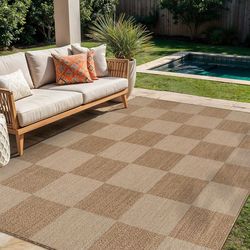 Rugshop Checkered Boxes Indoor Outdoor Flat Woven Area Rug,Natural Jute-Style,Easy-Care Patio Rug for Backyard Porch Deck Balcony, 5x 7 Sand/Natural  
