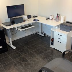 Computer Desk with file cabinet.  White. Adjustable height.