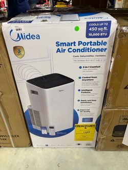 NEW IN BOX Shop Midea 10,000 BTU Smart Portable Air Conditioner for Rooms up to 450 Sq. Ft. with Remote, 3 Speeds, Dual Filter in White