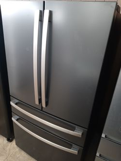 GE Cafe black stainless four-door french door refrigerator with mismatched handles - Free delivery