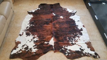 "Genuine Colombian Cowhide Rug - Tricolor Brindle & Brown/White Patterns - 5-6ft Real Leather Hide - Rustic Home Decor"
