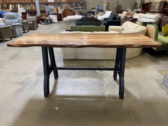 PAROTA INDUSTRIAL Live Edge Counter Height Dining Room Table featuring Hand Carved Butterfly Joint and Hand Cut & Welded Iron Base