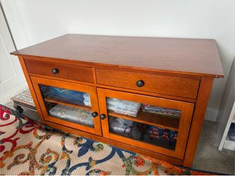Wood TV / Media Cabinet — 2 Drawers + Glass Doors