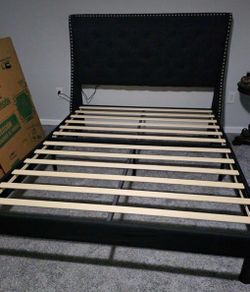 Black Upholstered Platform Bed Frame with Headboard