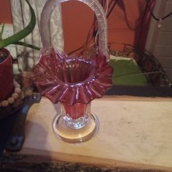Vintage Cranberry Ruffled Edge Basket Vase 