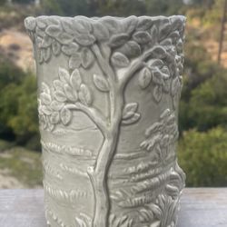 Vintage Quon Quon Japan 3D Raised Relief Tree & Landscape Ceramic Vase / Planter