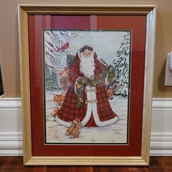 New- Vintage Nadine Harper Christmas Print Red Matted & Framed Santa 18x22