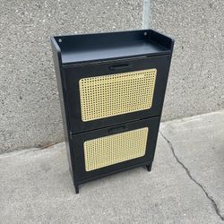 Shoe Cabinet, Farmhouse Rattan Storage Cabinet With 2 Flip Drawers 