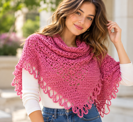 Dusty Rose Pink Crochet Triangle Shawl – Boho Lace Shoulder Wrap with Looped Fringe