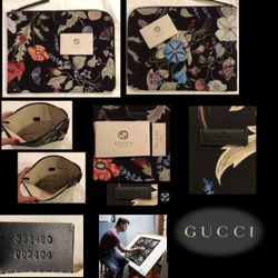 Gucci RARE Kris Knight Black Flora Print Canvas Zip Clutch