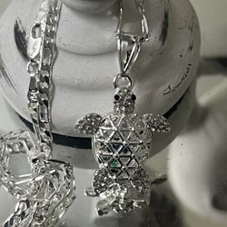 Turtle Silver Plated Pendant With Chain Necklace 22” 3mm