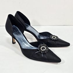 Antonio Melani Black Satin Crystal Embellished Pointed Toe D'Orsay Pumps Size 8