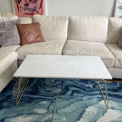 Wooden Marble Top Coffee Table With Metal Legs & Side Book Stand 
