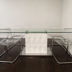 Modern Glass Dining Table + 5 Clear Acrylic IKEA Chairs – Complete Set – $750 OBO