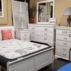 Brand New White Queen Sleigh Bedframe, Dresser, Mirror, Nightstand 4PCs Set