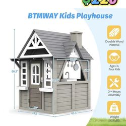 😀 Kids Outdoor Playhouse,Cedar Gray Wooden Play House for Kids Ages 3-8, with Play Kitchen, Interactive Doorbell, Toy Phone, Sink, Flowerpot