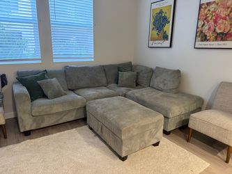 Gray Corduroy Sectional Sofa with Ottoman