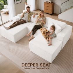 HOMLUX 108" modular corduroy sectional sofa in beige featuring a deep-seat cloud design