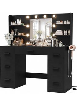 Furmax Vanity Desk with LED Mirror,Power Outlet,7 Drawers Makeup Table