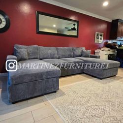 BRAND NEW DARK GREY CORDUROY DOUBLE CHAISE SECTIONAL SOFA COUCH 