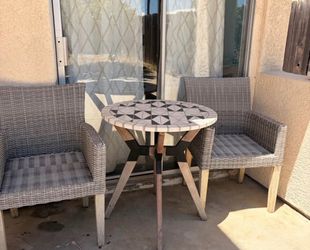 Modern Outdoor Bistro Set – Mosaic Table + 2 Wicker Chairs