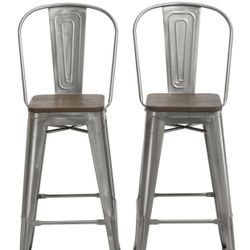 30" Clear Metal Antique Counter height Bar Stool Chair High Back Wood seat Set of 2