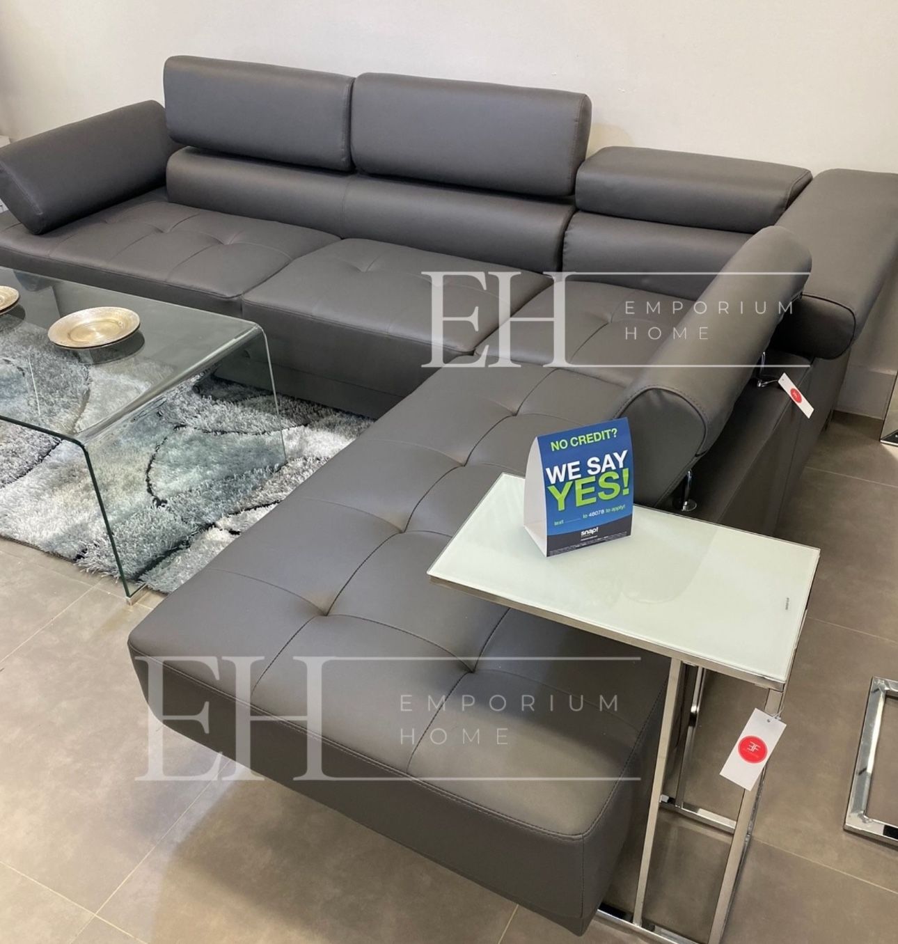 Grey Faux Leather Sofa Sectional With Adjustable Headrest