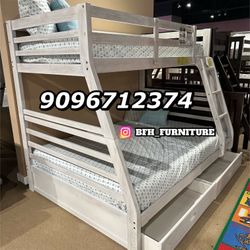 Twin/Full Brush White Bunk bed w. Drawers & Orthopedic Mattresses Included 