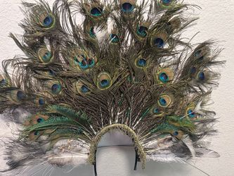 Title: Elegant Peacock Feather Mask & Headdress – Real Feathers – Costume / Masquerade