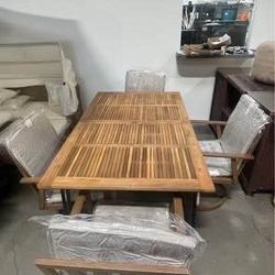 Assembled New 5 PCs Patio Acacia Wood Top Dining Table Set with 4 Outdoor Swivel Metal Chairs