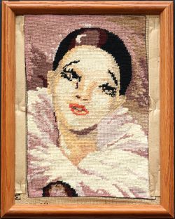 Pierrot sad clown vintage french European needlepoint tapestry Gobelin framed