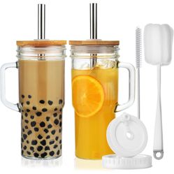 Glass Cups with Bamboo Lids and Straws, 24oz iced Coffee Cups Tumbler with Handle, 2 Pack Mason Jar with Lid and Straw, Drinking Glass Boba Smoothie C