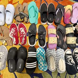 20 pairs Women’s size 8 (80%) Shoes, Slides, Flip-Flops ; 9 Dress/Work Shirts (Size Small/Medium)