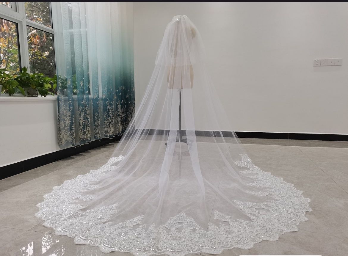 Two Tier Wedding Veil Cathedral Wedding Veil White Wedding Veil Romantic Lace Sequined Wedding Veil