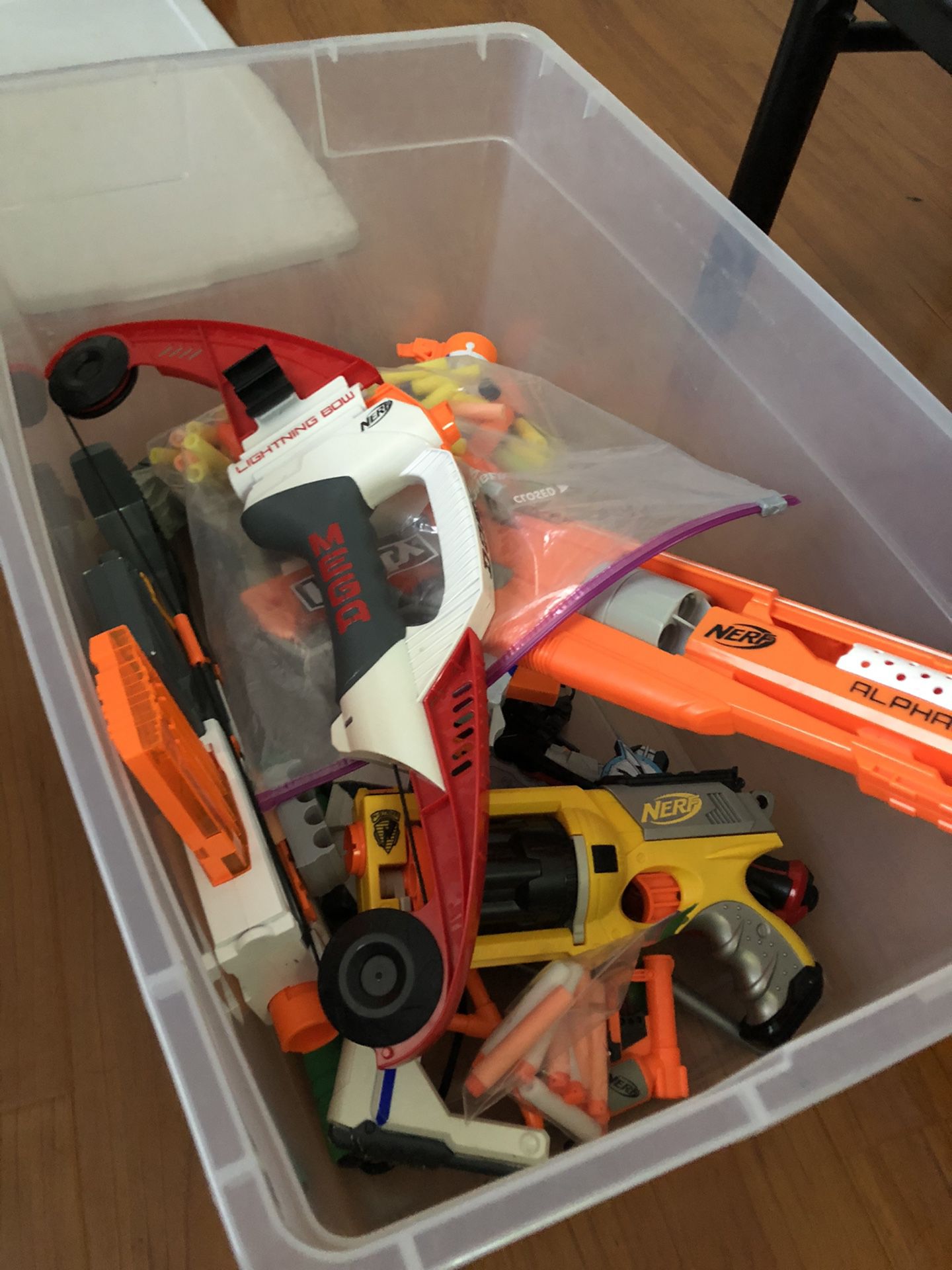 Bin of Nerf Guns and Toys