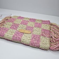 Poolside Clutch Natural/Pink Checkered Fringe Clutch Straw  NWT Upcycled Organic