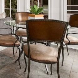 Glass Dining Table + 4 Iron & Leatherneck Chairs 