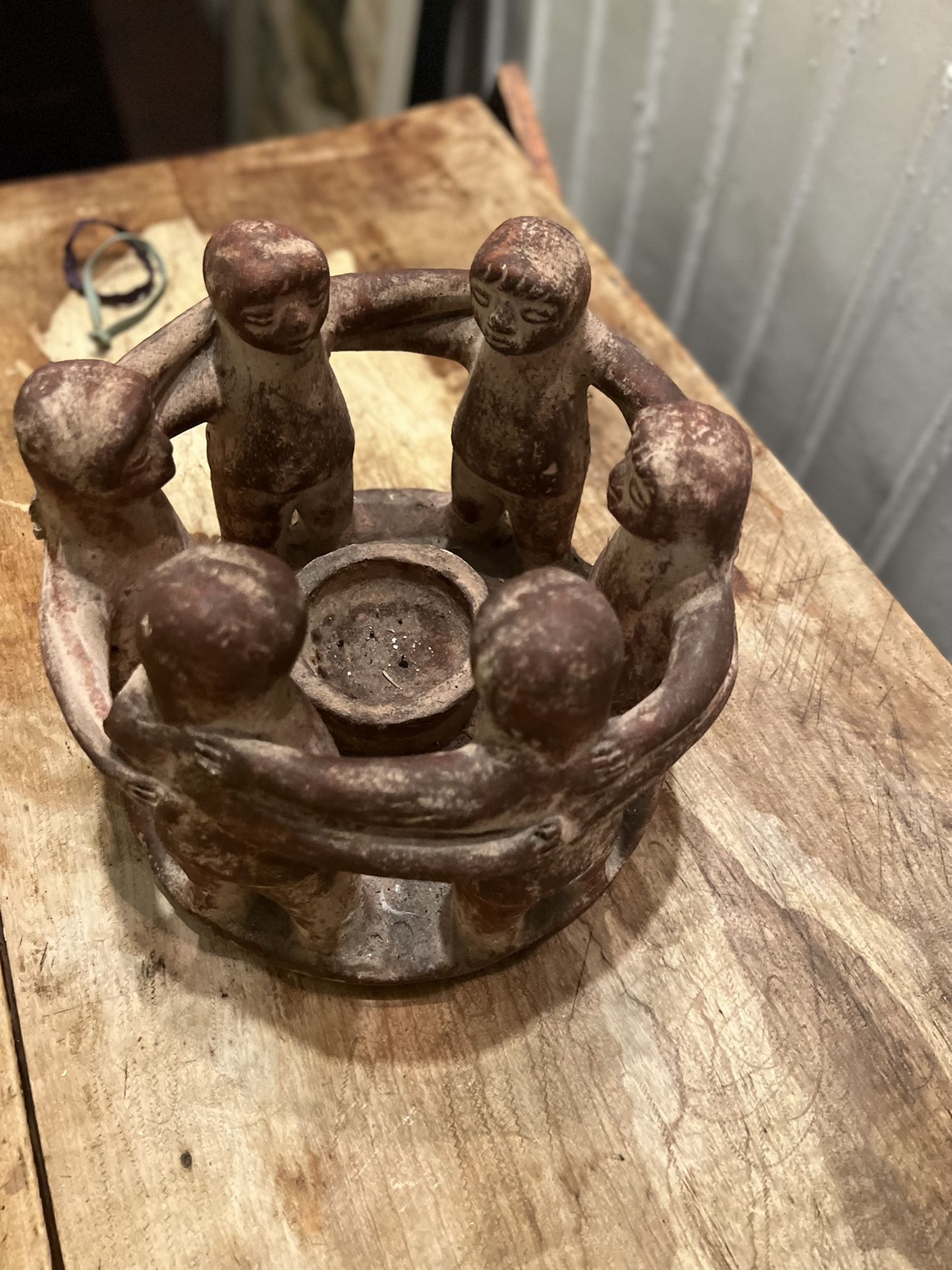 Vintage Terracotta Folk Art Circle of Friends Pottery Candle Holder