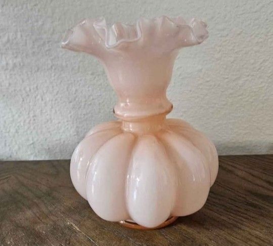 Vintage Fenton Art Glass 8” Dusty Rose Pink Overlay Melon Vase w Double Crimped Ruffle, Cased, Milk,