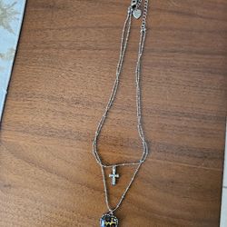 Betsey Johnson Double Chain Heart & Cross Necklace 